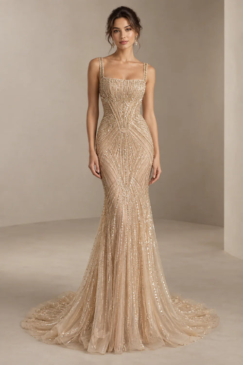 Champagne Art Deco Beaded Mermaid Gown