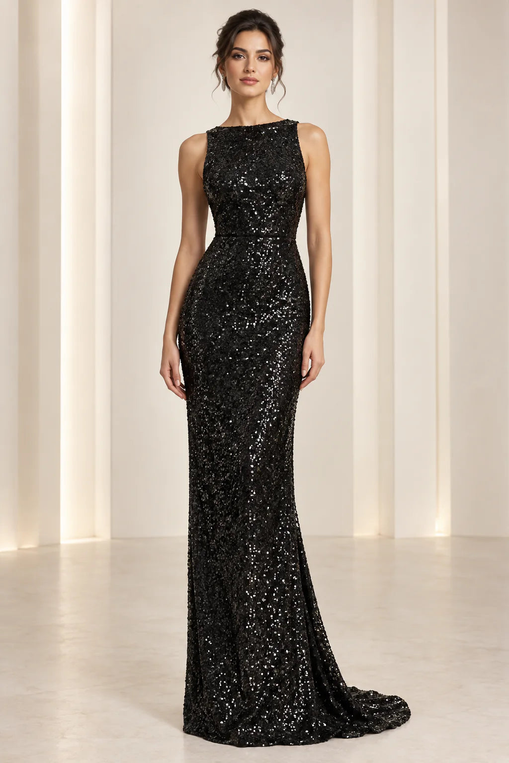 Black Sequin Column Evening Gown