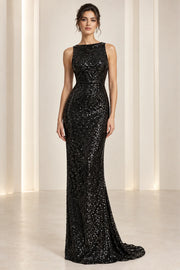 Black Sequin Column Evening Gown