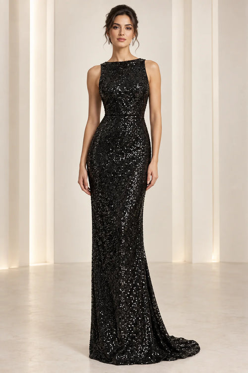 Black Sequin Column Evening Gown
