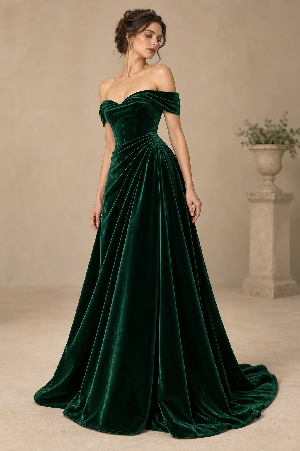 Emerald Velvet Off-Shoulder Gown