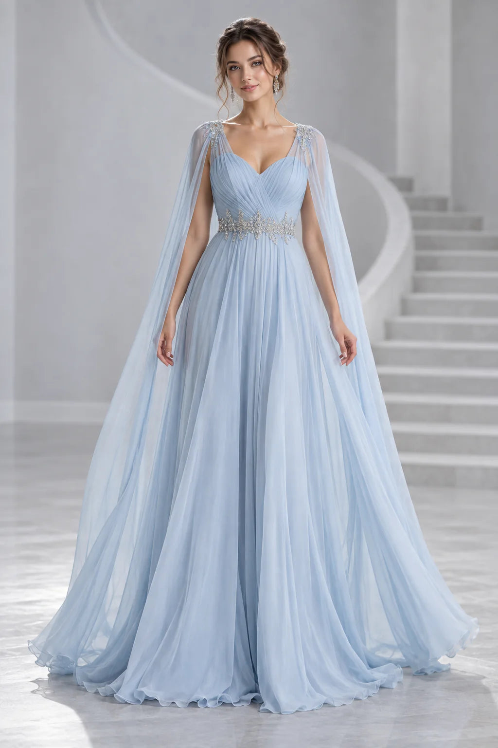 Ice Blue Chiffon Cape Gown
