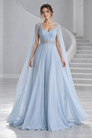 Ice Blue Chiffon Cape Gown