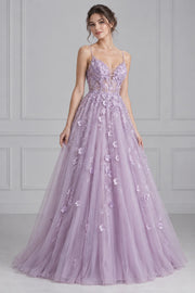 Lilac Floral Appliqué Tulle Gown