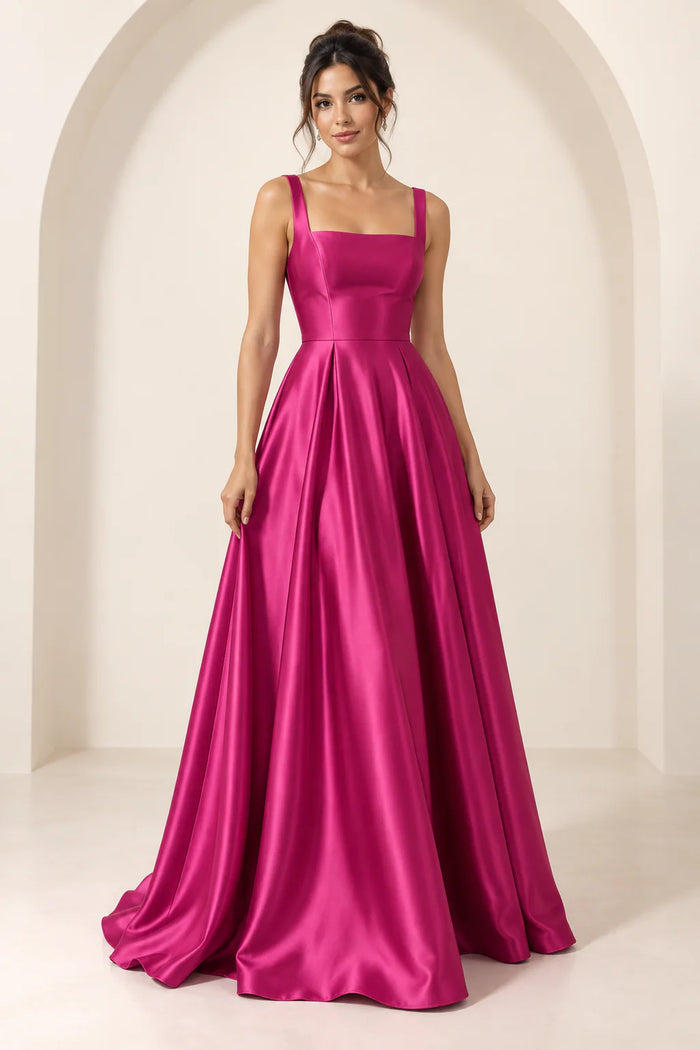 Magenta Satin Square-Neck Gown