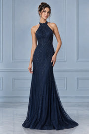 Midnight Navy Beaded Halter Gown