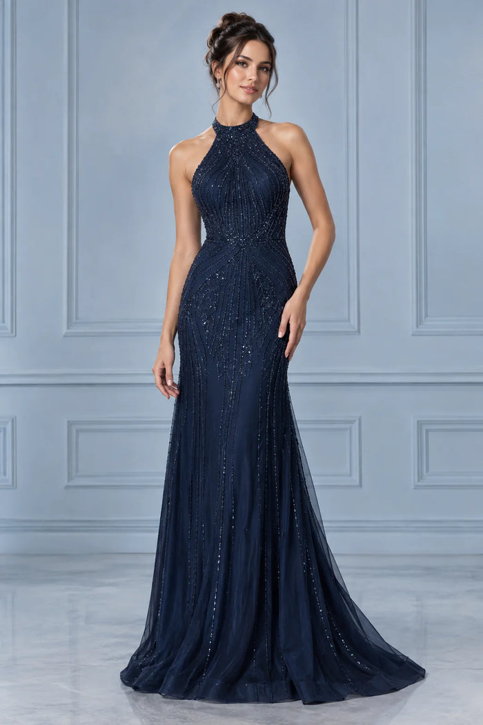 Midnight Navy Beaded Halter Gown